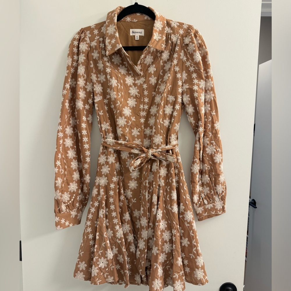 & Other Stories Brown and White Tiered Puff Sleeve Dress